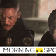 Will Smith and Joel Edgerton—the latter clad in dark prosthetics to look like a fantasy Orc—as police officers in the Netflix movie Bright.
